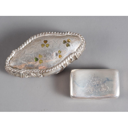 255 - A silver hinged box with inset  agate clover and embossed decoration, and a similar silver snuff box... 