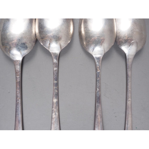 260 - Four early 18th century bottom marked dessert spoons with squirrel crest, 3.3oz troy approx