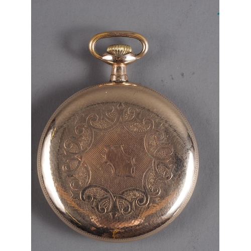 296 - A rolled gold cased Waltham open faced pocket watch with white enamel dial, Arabic numerals and subs... 