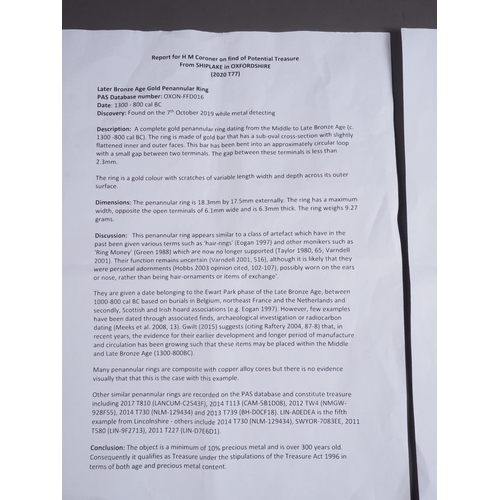 312 - A late Bronze Age penannular ring, 9.27g, 18.3mm x 17.5mm, with report from H M Coroner 2020T77 PAS ... 