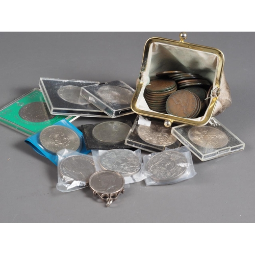 362 - A collection of commemorative crowns, Victorian copper pennies and an American Liberty dollar, in pe... 