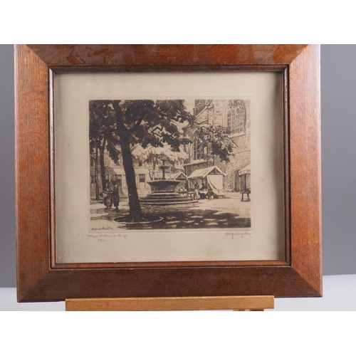 398 - A L Ted Martin: a signed etching, Place St Denis le Singe, in oak frame, and Adeline Kingswake, an e... 