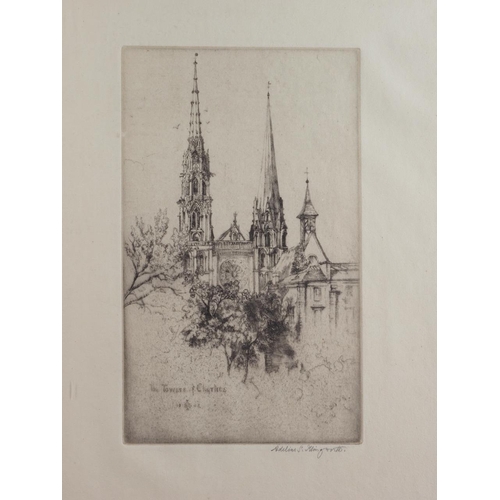 398 - A L Ted Martin: a signed etching, Place St Denis le Singe, in oak frame, and Adeline Kingswake, an e... 