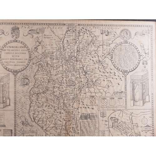 415 - John Speed: a 17th century map, Cumberland, in double sided glass mount