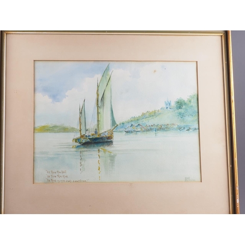 425 - B Le Fevre: watercolours, sailing boat in an estuary, 10