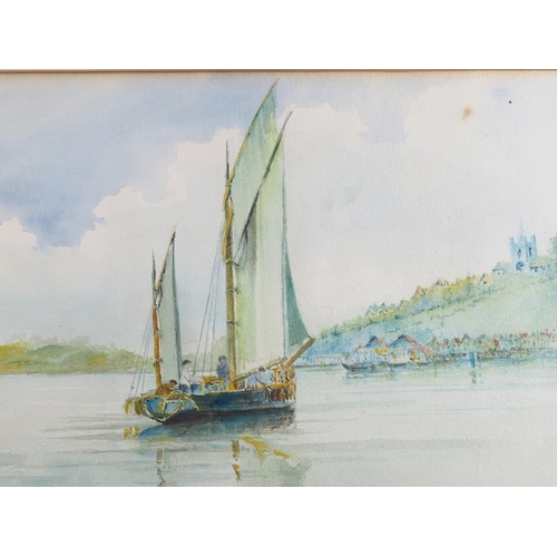 425 - B Le Fevre: watercolours, sailing boat in an estuary, 10