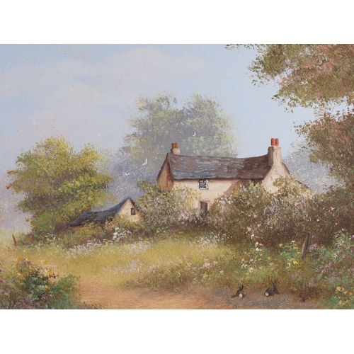 461 - S Heath: oil on canvas, landscape with cottage and rabbits, 11 1/2