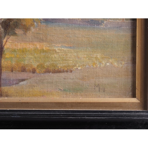 474 - M M: oil on board, South African landscape with trees and distant hills, 11 1/2