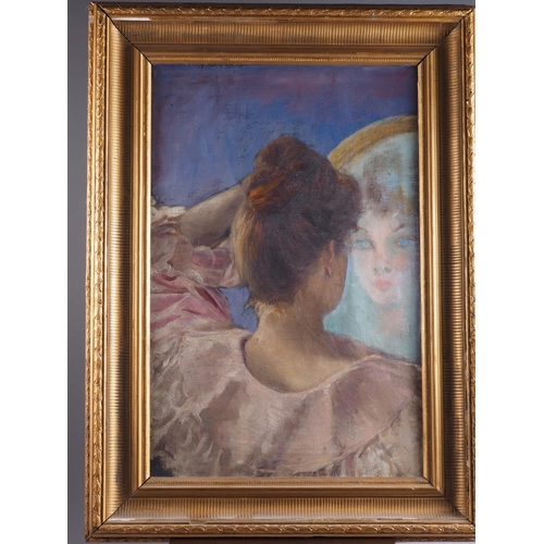 480 - M Waller, 1897: oil on canvas, woman looking in a mirror, 23