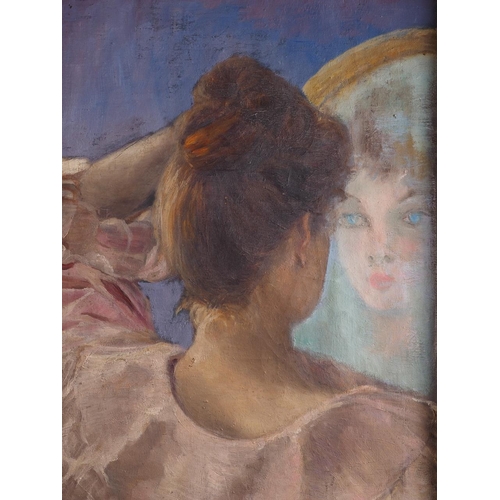 480 - M Waller, 1897: oil on canvas, woman looking in a mirror, 23