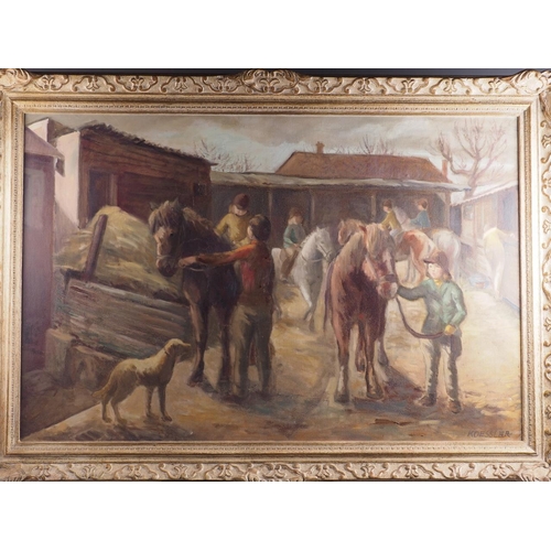 481 - Koessler: oil on canvas, riding stable yard, 23 1/2