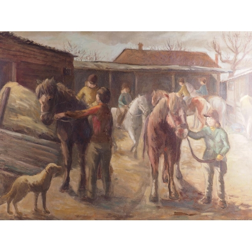 481 - Koessler: oil on canvas, riding stable yard, 23 1/2