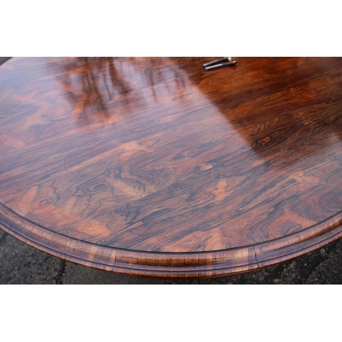 497 - An early 19th century rosewood circular tilt top dining table, on faceted bulbous column and lion pa... 