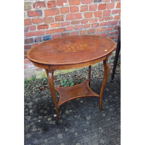 522 - A Sheraton Revival walnut, inlaid and satinwood banded oval two-tier occasional table, on cabriole s... 