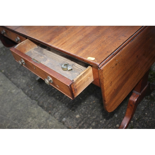 528 - A 19th century mahogany sofa table, fitted two drawers with brass knobs, on splay supports and brass... 