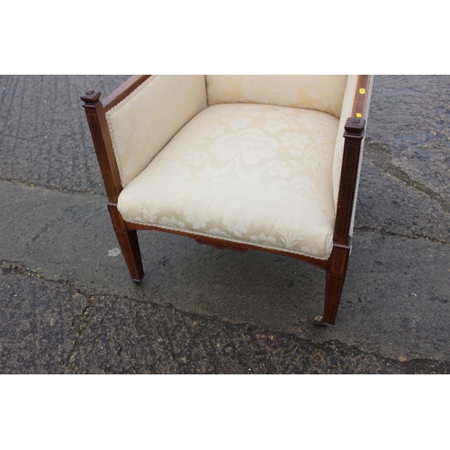 587 - An Edwardian walnut, kingwood banded and box line inlaid showframe armchair, on square castored supp... 