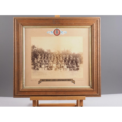 177 - Two WWI photographs, 4th Btn Wiltshire Reg, in oak strip frames, and a colour photograph of a Royal ... 