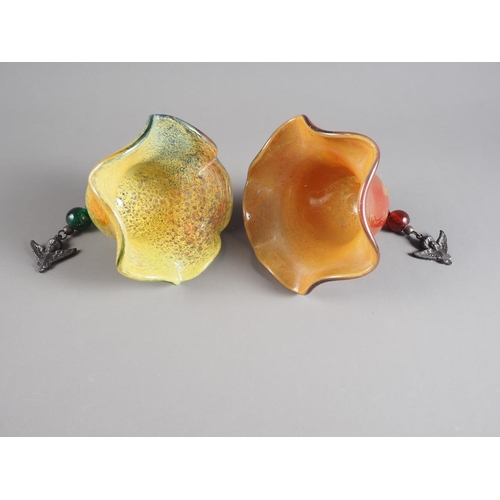 21 - Two art glass light shades? with metal and bead mounts, 4 1/2