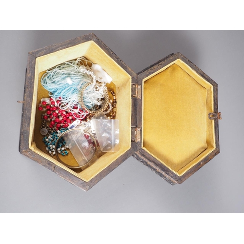 313 - Two beaded necklaces and other costume jewellery, various, in a hexagonal-shaped box with painted fl... 