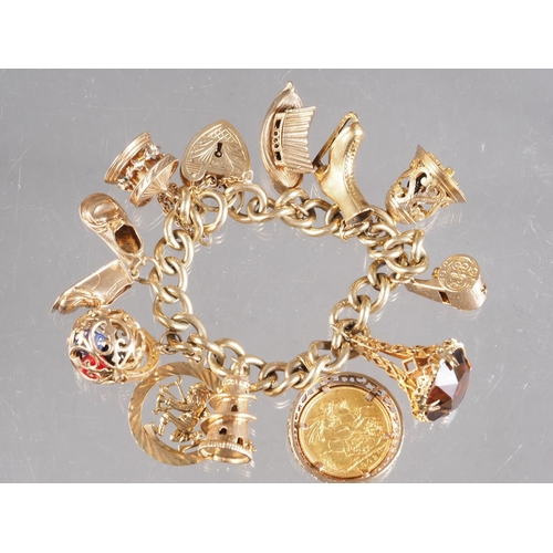 324 - A 9ct gold curb link charm bracelet with heart-shaped clasp and eleven charms, including a gold sove... 