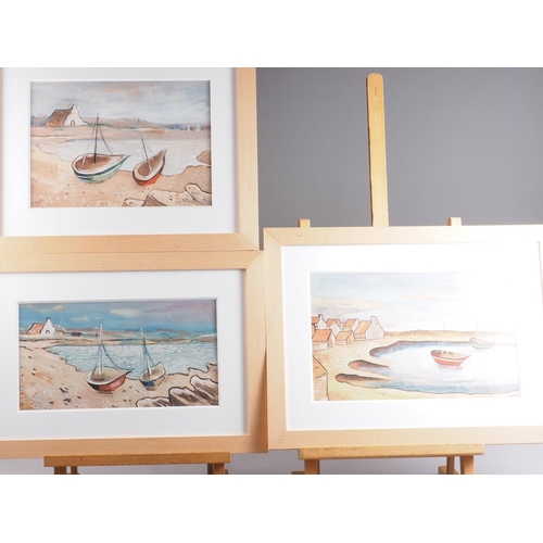 419 - A set of three watercolours, coastal scenes with moored boats, 8 1/2