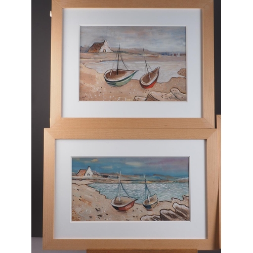 419 - A set of three watercolours, coastal scenes with moored boats, 8 1/2