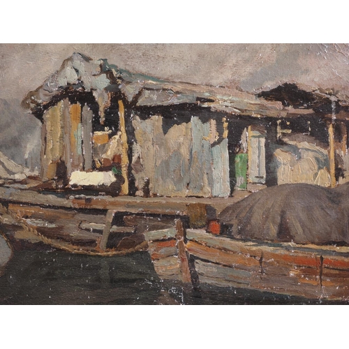 470 - Attilio Zanchelli: oil on board, houseboat with barge, 11