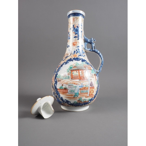 73 - A Chinese jug and cover with clobbered panelled figures in a landscape decoration, 11 1/2