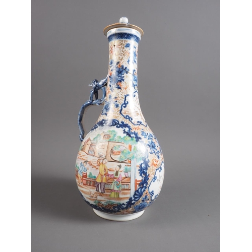 73 - A Chinese jug and cover with clobbered panelled figures in a landscape decoration, 11 1/2