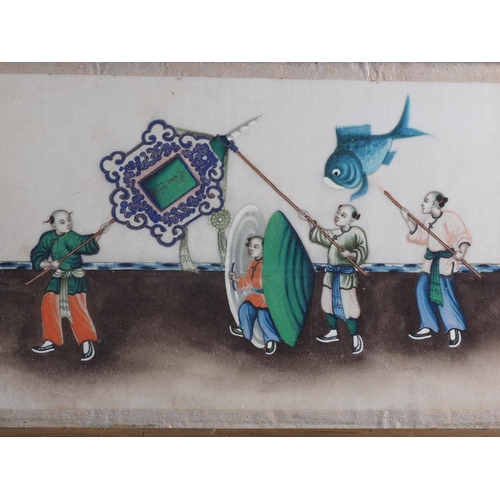 87 - Three Chinese watercolours on paper, figures parading, 13 1/2