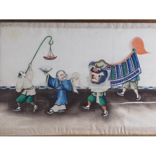 87 - Three Chinese watercolours on paper, figures parading, 13 1/2