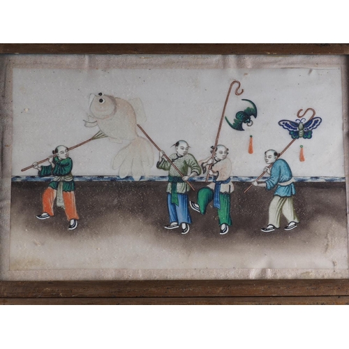 87 - Three Chinese watercolours on paper, figures parading, 13 1/2