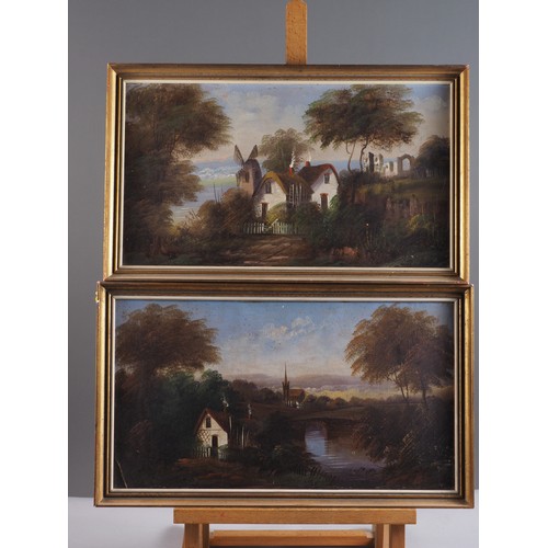 479 - A pair of early 20th century oils on boards, landscapes with cottages and ruins, 9 1/2