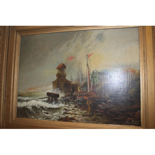 458 - Thomas Grainger, 1873: oil on canvas, Continental lighthouse, 10 1/2