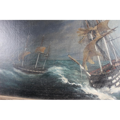 459 - English School: oil on canvas, two naval vessels on choppy seas, 19 1/4