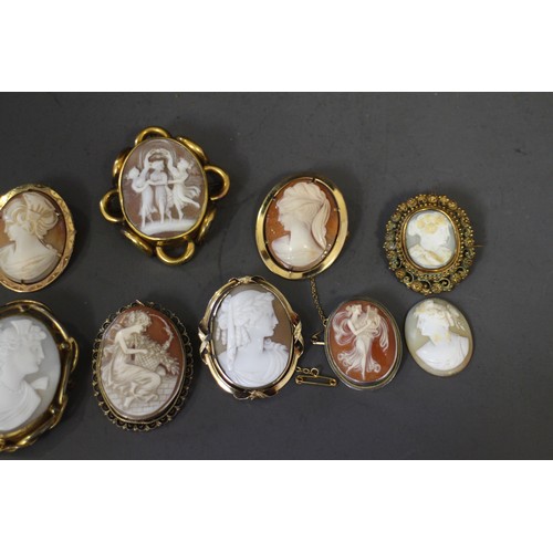 388 - A 19th century yellow metal framed carved shell cameo, ten other cameos and an enamelled watch