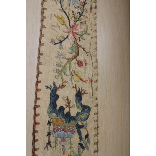 191 - A 19th century crewel work bell pull with floral and tree designs, 80