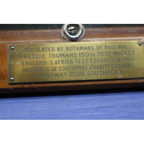 126 - A cricket stump, in case, presented by Rothmans Pall Mall, Freddie Truman's 150th test wicket... 196... 