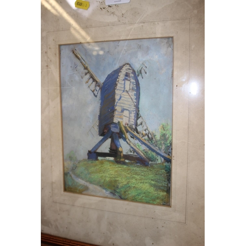 481 - English School: pastels, “Peg Mill at Ivinghoe Bucks”, 9 1/2” x 7”, in gilt strip frame, a map of Wa... 