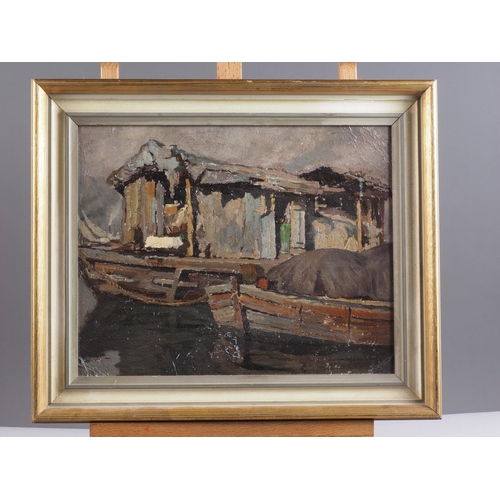 508 - Attilio Zanchelli: oil on board, dockside with barge, 11