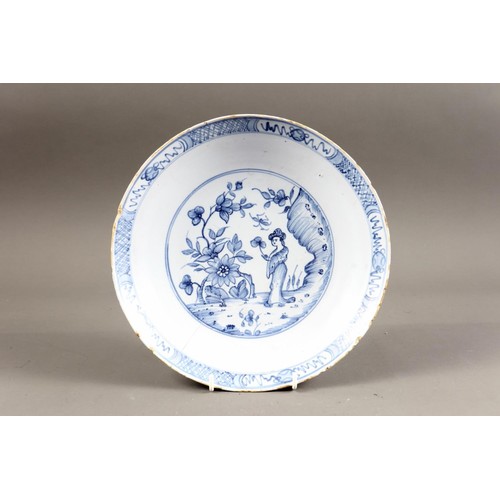 14 - An 18th century Bristol delft bianca-sopra-bianca plate with landscape centre, 9