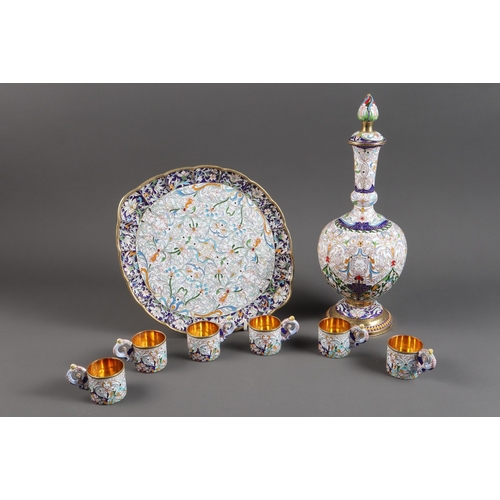 383 - A late 19th century Russian silver gilt and cloisonne enamel vodka set of decanter, stopper, six cup... 