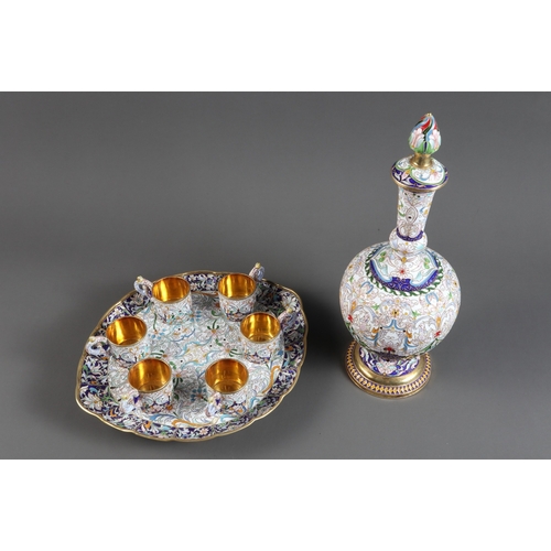 383 - A late 19th century Russian silver gilt and cloisonne enamel vodka set of decanter, stopper, six cup... 