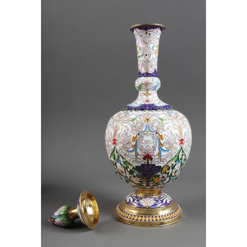 383 - A late 19th century Russian silver gilt and cloisonne enamel vodka set of decanter, stopper, six cup... 