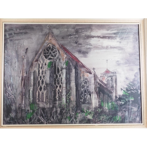 446 - After John Piper: a print of Dorchester Abbey, in cream and canvas frame