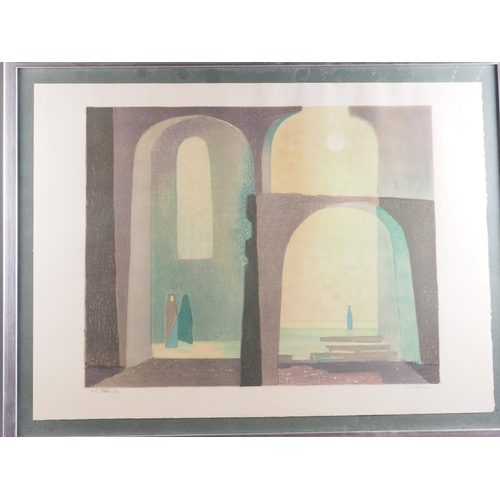 448 - Sven Jonson: a signed limited edition lithograph, building with figure, 31/60, in strip frame, and P... 