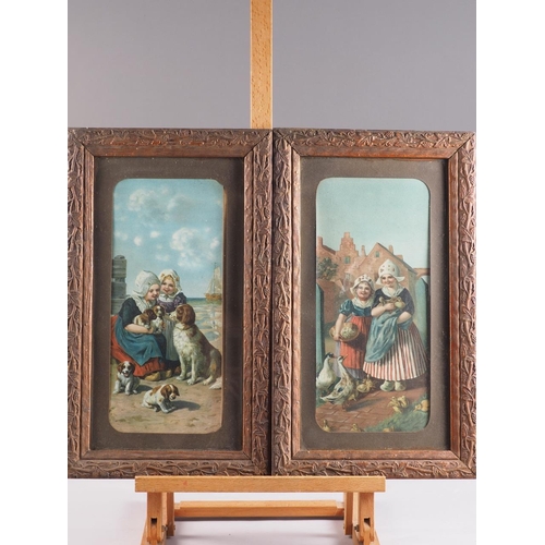 472 - A pair of Victorian chromolithographs, Dutch children and animals, in decorated frames