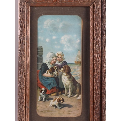 472 - A pair of Victorian chromolithographs, Dutch children and animals, in decorated frames