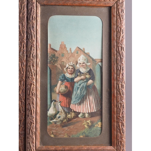 472 - A pair of Victorian chromolithographs, Dutch children and animals, in decorated frames