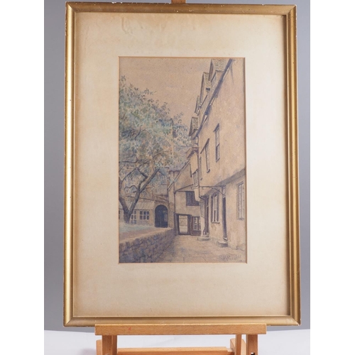 479 - W Russell, 1939: a watercolour view of an old yard, in gilt frame, Radley, 1969: pastels, still life... 